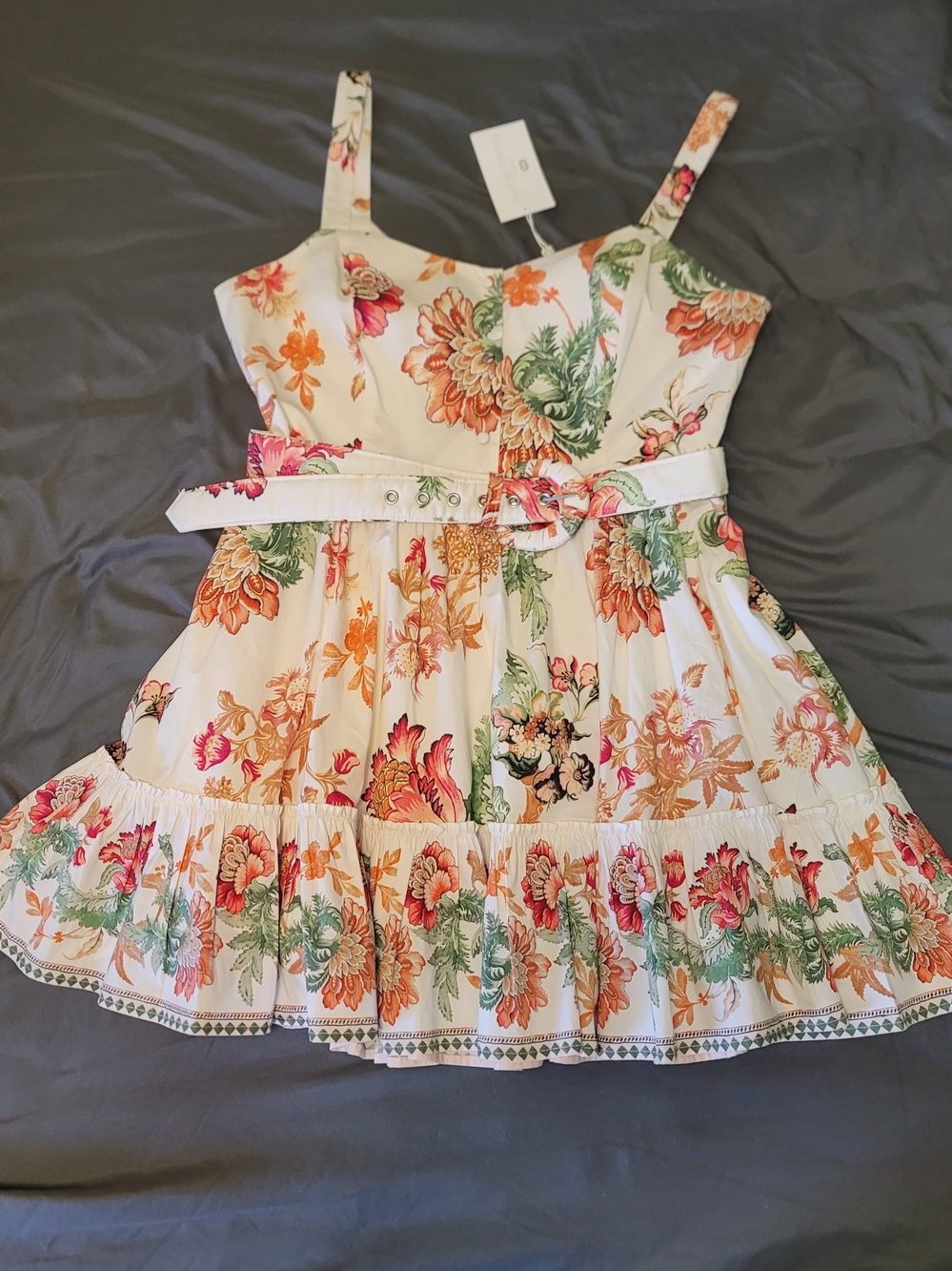 Caroline Constas Floral Belted Tiered Square-Neck Mini Dress Size L NWT